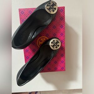 Tory Burch Black Leather Peep Toe Wedge